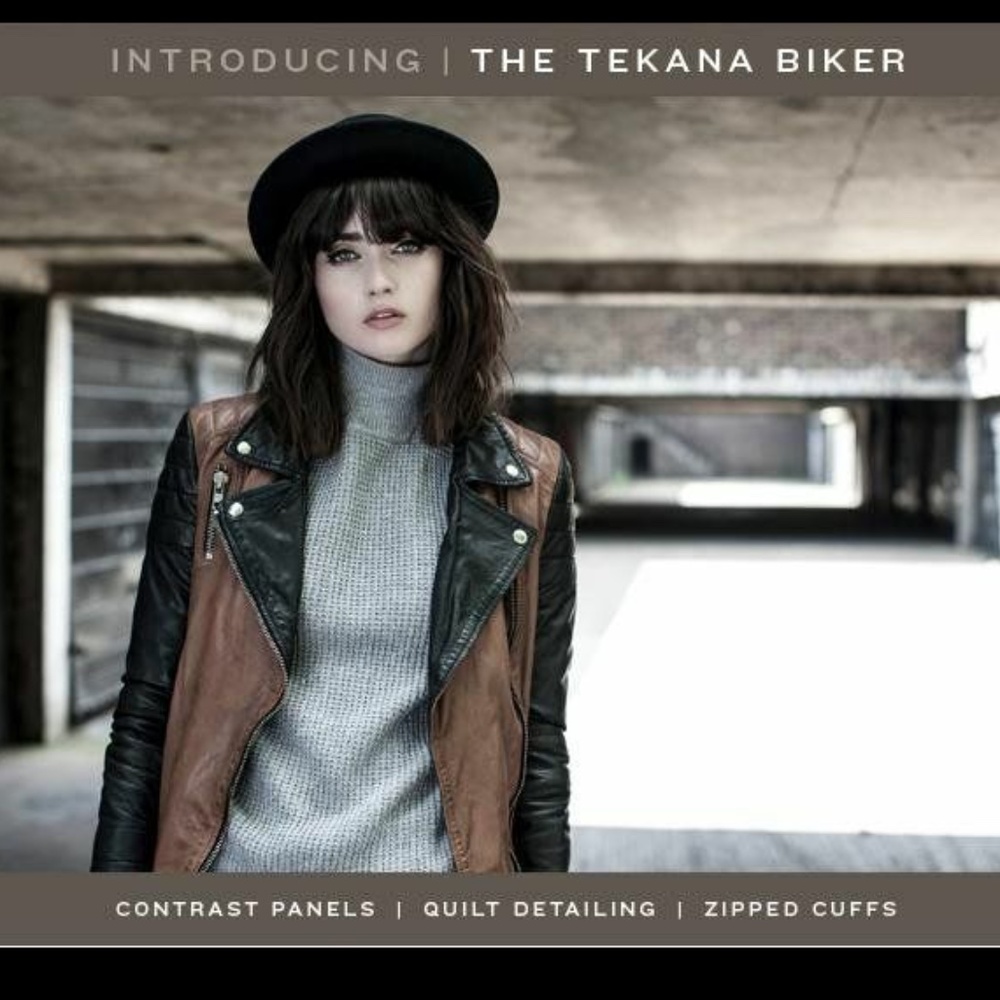 MUUBAA TEKANA BLACK TAN LEATHER BIKER JACKET US 2